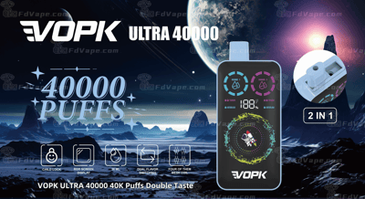 VOPK Ultra 40000 disposable vape with dual flavor switching, 40,000 puffs, 36ml capacity, and RGB screen display, featuring a mesh coil and child lock.