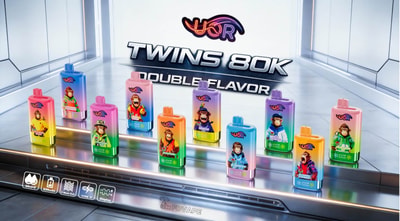 Colorful bottle containers featuring cartoon characters arranged on a glass display case labeled Twins 80K Double Flavor.