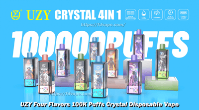 Advertisement on a bright blue background showing several colorful UZY Crystal 4-in-1 disposable vape devices with astronaut-themed labels on display stands, large white “100000 PUFFS” text across the image, brand name and feature icons (four mesh coil, 56ml, 650mAh, 4-in-1 flavor, Type-C) and a small website watermark.