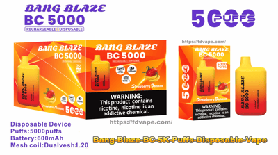 Yellow-to-orange disposable vape and packaging for 'Bang Blaze BC 5000' Strawberry Banana showing the device and box art with '5000 puffs', Type-C and 600mAh icons, a strawberry-and-banana image, and a nicotine warning label.