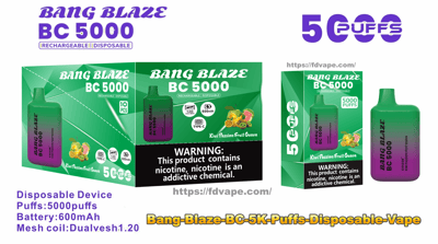 Packaging and product display for the Bang Blaze BC 5000 disposable vape showing a green-to-purple pod device, box graphics advertising 5000 puffs, Kiwi Passion Fruit Guava flavor, 600 mAh battery specs and a prominent nicotine warning label.
