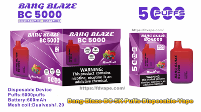 Packaging and product image of a Bang Blaze BC 5000 rechargeable/disposable vape in a red-to-purple gradient labeled “5000 puffs” and “Mixed Fruit,” showing the device next to its retail box with icons for Type-C and 600mAh battery, nutrition-style fruit graphics, and a prominent black nicotine warning panel.