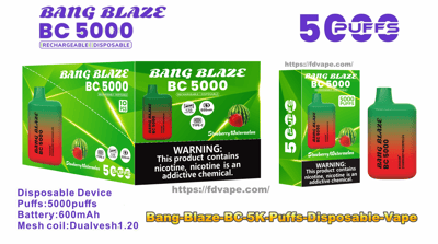 Packaging and devices for Bang Blaze BC5000 disposable vape showing green-to-red pod-shaped units, large "5000 puffs" branding, strawberry‑watermelon fruit images, battery/Type‑C icons and a prominent black nicotine warning label.