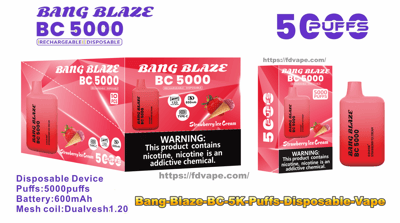 Product packaging for a pink-red Bang Blaze BC5000 disposable/rechargeable vape showing a strawberry ice cream flavor device, '5000 puffs' badge, 600mAh battery and Type‑C charging icons, and a nicotine warning label.