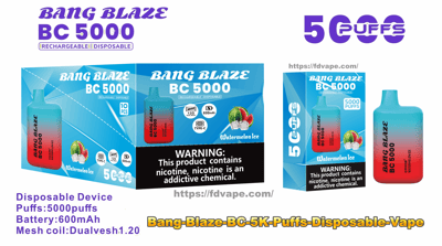 Packaging mockup for Bang Blaze BC 5000 disposable/rechargeable vape showing a blue-to-red gradient device, product boxes labeled 5000 puffs and 600mAh, watermelon ice flavor imagery, and a prominent nicotine warning label.