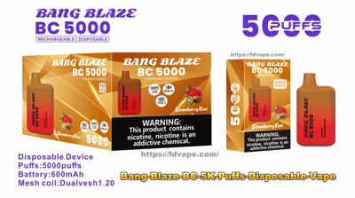 Packaging and product images for Bang Blaze BC 5000 disposable vape in strawberry kiwi flavor, showing orange-red gradient devices and several retail boxes labeled 5000 puffs, 600mAh battery, Type‑C charging, mesh coil details and a nicotine warning.