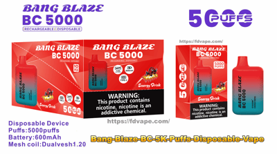 Packaging and product image of a Bang Blaze BC 5000 disposable vape with a red-to-teal gradient device and matching box labeled “Energy Drink,” prominent 5000 puffs branding, 600mAh/Type‑C icons, and a black nicotine warning panel stating the product contains nicotine and is addictive.