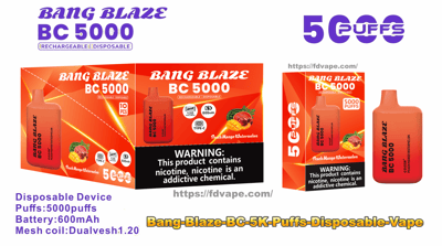 Orange-red Bang Blaze BC 5000 disposable vape and matching boxes labeled Peach Mango Watermelon, advertising 5000 puffs, Type-C charging and 600mAh battery, with a prominent black nicotine warning.