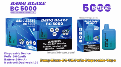 Blue gradient Bang Blaze BC 5000 disposable vape device alongside its boxed packaging showing '5000 puffs' and 'Blueberry Ice' flavor, Type-C and 600mAh icons, and a prominent nicotine warning label.