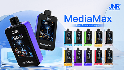 Imagen de varios dispositivos de vapeo JNR MediaMax en diferentes colores y sabores, incluidos Blue Razz Ice, Miami Mint, Sour Apple Ice, Peach Mango Watermelon, Strawberry Ice, Strawberry Banana, Cherry Strawberry Raspberry, Blueberry Watermelon, Watermelon Ice y Fcuking Fab.