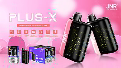 Texto alternativo: Anuncio del dispositivo de vapeo JNR Plus-X, que presenta dos dispositivos con pantallas curvas sobre un fondo rosa, resaltando características como el modo inteligente AI, la bobina de malla dual y la capacidad de 28 ml de e-líquido.