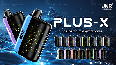 Dispositivi per svapare "JNR PLUS-X" con schermi curvi 3D, design colorati e grafica futuristica su uno sfondo a tema fantascientifico.