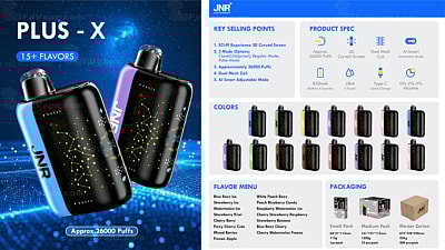 Imagen promocional del dispositivo de vapeo JNR Plus-X, que muestra dos dispositivos, puntos de venta clave, especificaciones del producto, opciones de color, menú de sabores y detalles del empaque.