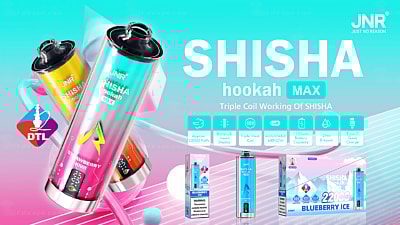 Colorful advertisement for JNR Shisha Hookah Max with features like triple coil, adjustable airflow, and 22000 puffs displayed.