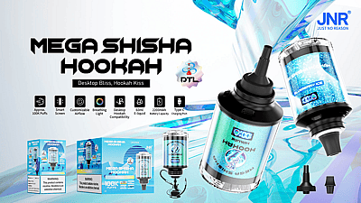 Promotional image of the "Mega Shisha Hookah" featuring product details, including 100,000 puffs, 60ml e-liquid capacity, 2200mAh battery, Type-C charging, customizable airflow, and compatibility with desktop hookahs, displayed with packaging and Blueberry Ice flavor.