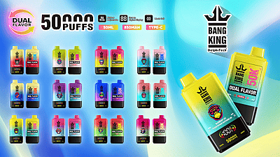 Una imagen promocional que presenta el vaporizador desechable Bang King Dual Flavor, que ofrece 50.000 bocanadas y se muestra en varias opciones de color y sabor sobre un fondo degradado azul.