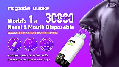 Promotie-afbeelding voor Mr. Goodie UWake, een wegwerp-vape voor 30.000 pufjes, met dubbele tanks en mesh-coils, met een ontwerp dat de nadruk legt op dubbele inhalatiemethoden.