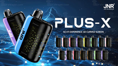 Dispositivos de vaporização "JNR PLUS-X" com telas curvas 3D, designs coloridos e gráficos futuristas em um fundo com tema de ficção científica.