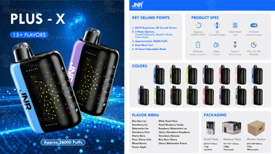 Imagem promocional do dispositivo de vaporização JNR Plus-X, mostrando dois dispositivos, principais pontos de venda, especificações do produto, opções de cores, menu de sabores e detalhes da embalagem.