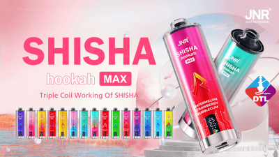 Reclame voor JNR Shisha Hookah Max met verschillende smaakflessen, met de nadruk op de "Triple Coil Working of Shisha"-technologie, met een decoratief DTL-logo.