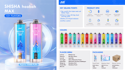 Advertentie voor JNR Shisha Hookah Max met twee vape-apparaten met meer dan 15 smaken, productspecificaties, belangrijkste verkoopargumenten, kleuropties, smakenmenu en verpakkingsdetails.