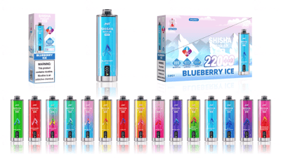 Een assortiment JNR Shisha Hookah Max wegwerp-vapesmaken, waaronder Blueberry Ice, gepresenteerd met verpakking.