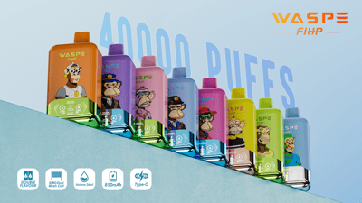 Farbenfrohe Vape-Geräte mit Affen-Cartoonfiguren, der Aufschrift „WASPE FIHP“ und besonderen Funktionen wie doppeltem Geschmack, 0,9-Ω-Dual-Mesh-Spule, 36 ml Volumen, 850-mAh-Akku und Typ-C-Ladefunktion mit der Werbung für „40.000 Züge“ vor hellblauem Hintergrund.