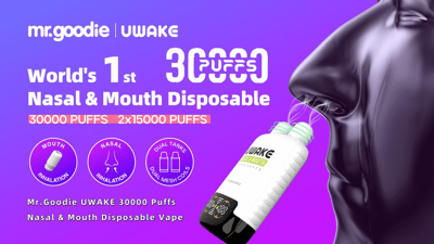 Promotional image for Mr. Goodie UWake, a 30000 puff nasal and mouth disposable vape, featuring dual tanks and mesh coils with a design emphasizing dual inhalation methods.