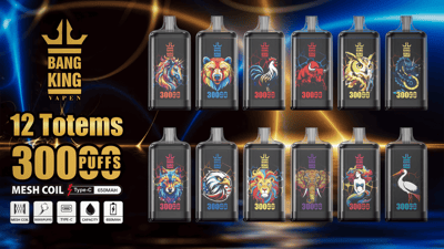 Promotional image for Bang King Vapes featuring 12 vape devices, each with unique totem animal designs, boasting 30,000 puffs and specifications including mesh coil, Type-C charging, and 650mAh battery.