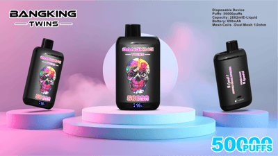 Three black disposable vaping devices with colorful skull artwork and text displaying 'BANGKING TWINS' and '50,000 PUFFS,' shown on futuristically lit platforms with a gradient smoky background.