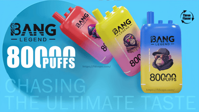 Affichage d'appareils de vapotage jetables Bang Legend colorés avec un logo représentant un chimpanzé portant des lunettes de soleil et le texte « 80000 Puffs », faisant la promotion de plusieurs saveurs et décrits comme offrant « À la poursuite du goût ultime ».