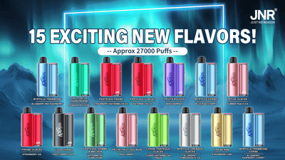 Graphique promotionnel présentant 15 appareils de vape jetables JNR colorés disposés en deux rangées sur un fond de montagne éclairé par une aurore avec le titre ' 15 NOUVELLES SAVEURS EXCITANTES ! .