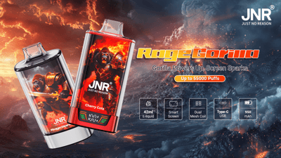 Two JNR 'RageGorilla' vape devices with fiery gorilla artwork set against a volcanic, smoke-filled background, with promotional text 'RageGorilla' and 'Up to 55,000 Puffs' and icons listing 42 ml e-liquid, smart screen, dual mesh coil, Type‑C USB and 950 mAh.