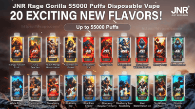 Row of 20 colorful JNR 'Rage Gorilla' disposable vape devices with gorilla-themed artwork and flavor names, under a headline reading 'JNR Rage Gorilla 55000 Puffs Disposable Vape — 20 Exciting New Flavors! Up to 55000 Puffs'.
