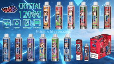 Row of colorful vape pens with monkey graphics and 12K Puffs labels, plus a red Cherry Cola packaging box on the right.
