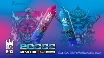 Zwei Einweg-Vaporizer von Bang Box, rosa und blau mit Kronenlogos, auf einem Hintergrund mit Farbverlauf von Blau zu Rosa; 20.000 Puffs.