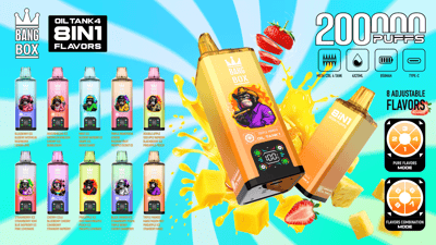 Bright Bang Box banner for Oil Tank 4 in 1 flavors with 2000 puffs; row of colorful vape bottles and a large yellow device.