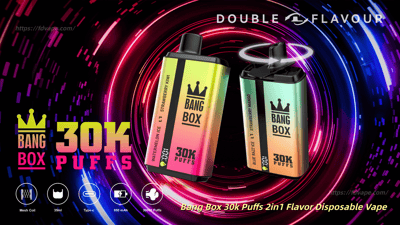 Two rainbow Bang Box 30K Puffs disposable vapes float in a neon swirl, with flavor labels Watermelon Ice and Strawberry Kiwi.