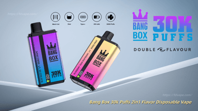 Two Bang Box 30k Puffs disposable vapes with gradient blue‑purple and pink‑gold shells and the Bang Box crown logo.