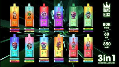 Colorful Bang Box disposable vapes with skull artwork in a grid; right side shows 80K puffs, 60 mL, 850 mAh, 3in1.