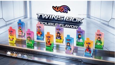 Row of colorful vape bottles with monkey mascots on a glossy metallic display, under TWINS 80K and DOUBLE FLAVOR signage.