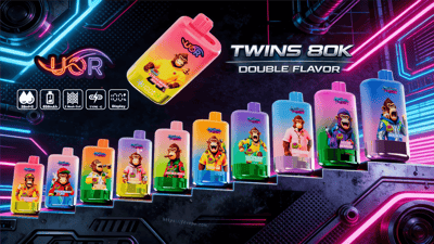 Colorful bottles with cartoon monkeys lined up on a metallic platform against neon lights; Twins 80K Double Flavor branding.