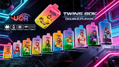 Colorful lineup of cartoon-labeled bottles in a rainbow, set against a neon background with Twins 80K Double Flavor.