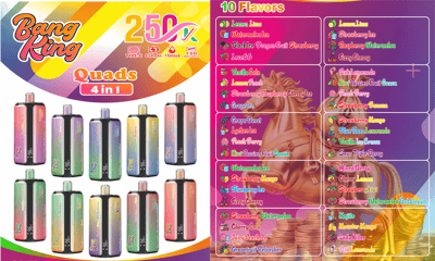 Bright Bang King Quads 4in1 vape ad showing twelve colorful devices and a 10-flavor menu.