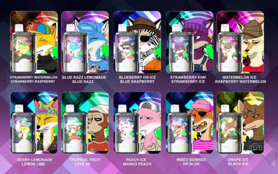 Ten vape juice bottles in a grid, each with bright fox-themed artwork on the label and various fruit flavor names.