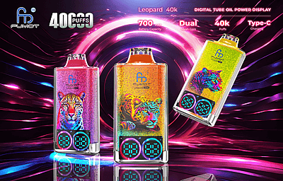 Colorful and stylized promotional image of FUMOT Leopard 40k vapes showcasing three devices with vibrant leopard graphics and digital displays, set against a dynamic, neon-lit background.
