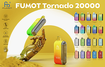 Advertentie voor het FUMOT Tornado 20000 vape-apparaat met een robothand die twee apparaten vasthoudt. Links is de limoengroene versie te zien, rechts is de geeloranje variant met het label 'Peach Mango Watermelon' te zien. Rechts ziet u een raster met de beschikbare smaken.