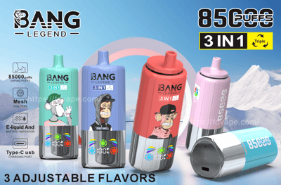 A display of the Bang Legend 3-in-1 disposable vaping devices with adjustable flavors, featuring a colorful design, modeled with 85000 puffs, Type-C charging port, and visual battery indicators, set against a snowy mountain background.