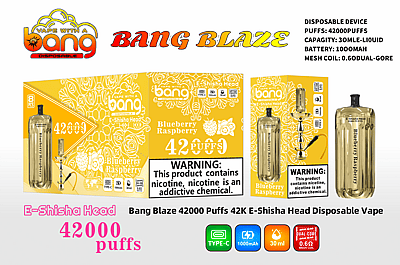 Immagine promozionale che mostra il vaporizzatore monouso Bang Blaze Blueberry Raspberry E-Shisha Head, evidenziandone le caratteristiche: 42.000 boccate, batteria da 1.000 mAh, capacità del liquido di 30 ml e tecnologia mesh coil, insieme a un'avvertenza sulla dipendenza da nicotina.