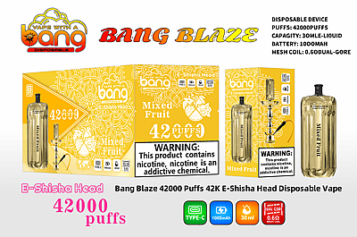 Immagine promozionale per il Bang Blaze E-Shisha Head Disposable Vape che evidenzia la sua capacità di 42.000 boccate, il sapore di frutta mista, il contenuto di liquido di 30 ml, la batteria da 1000 mAh, la compatibilità con Type-C e l'avvertenza sul contenuto di nicotina.